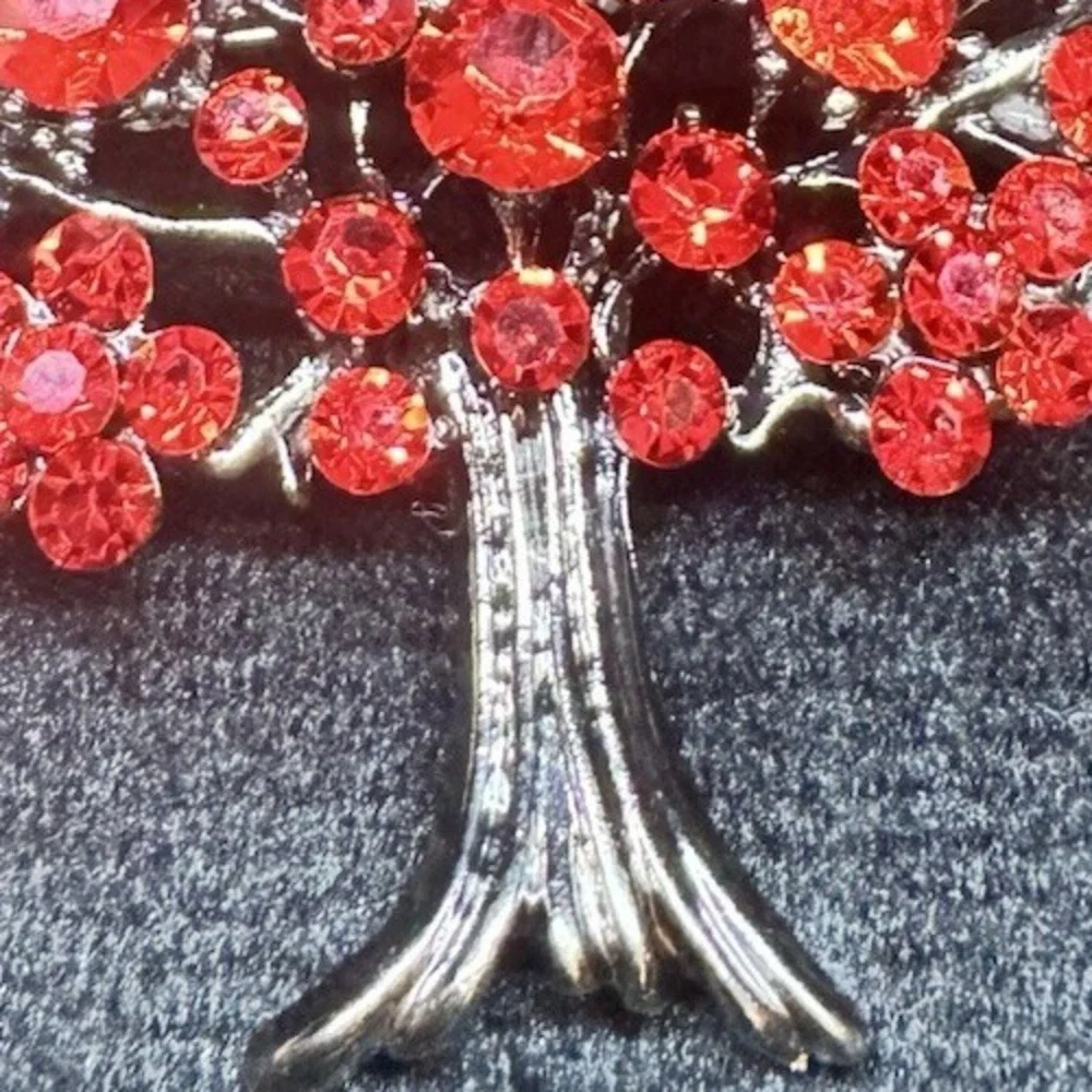 Vintage Red Rhinestone Tree Brooch Silver Tone Figural Statement Pin